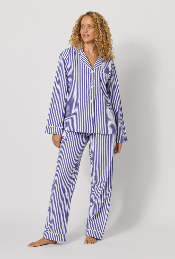 Navy Signature Stripe long sleeve cotton sateen PJ set - front view