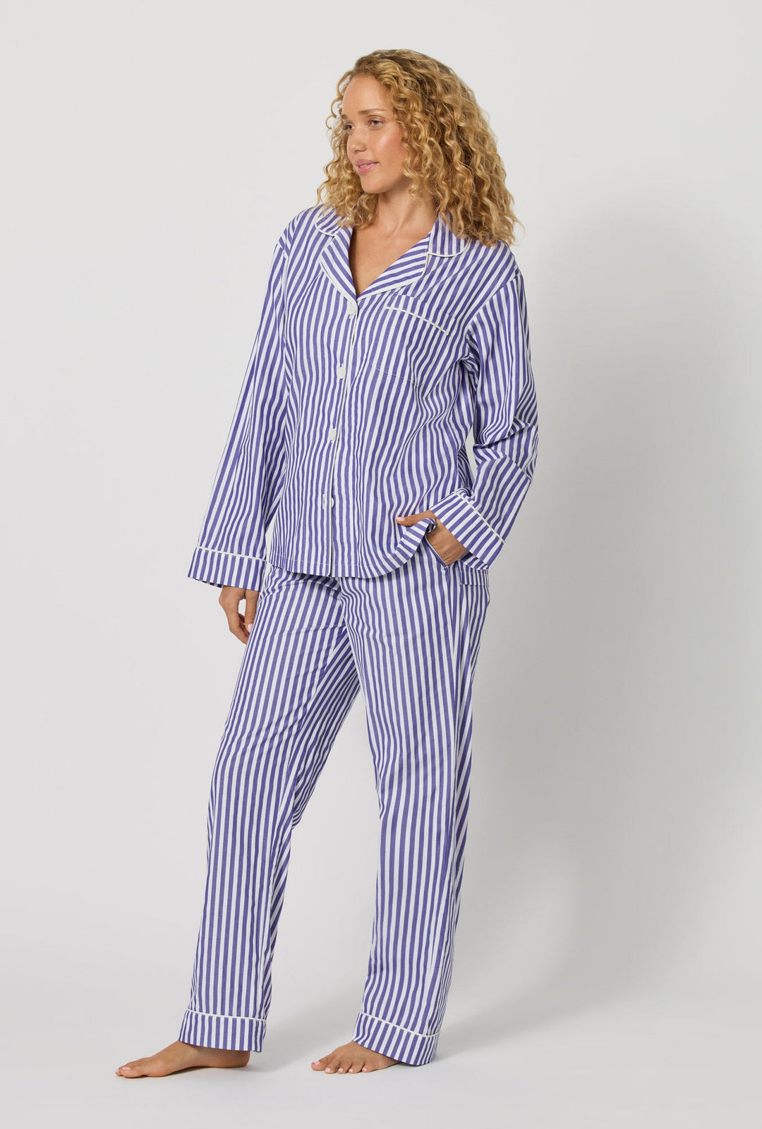 Navy Signature Stripe long sleeve cotton sateen PJ set - styled view