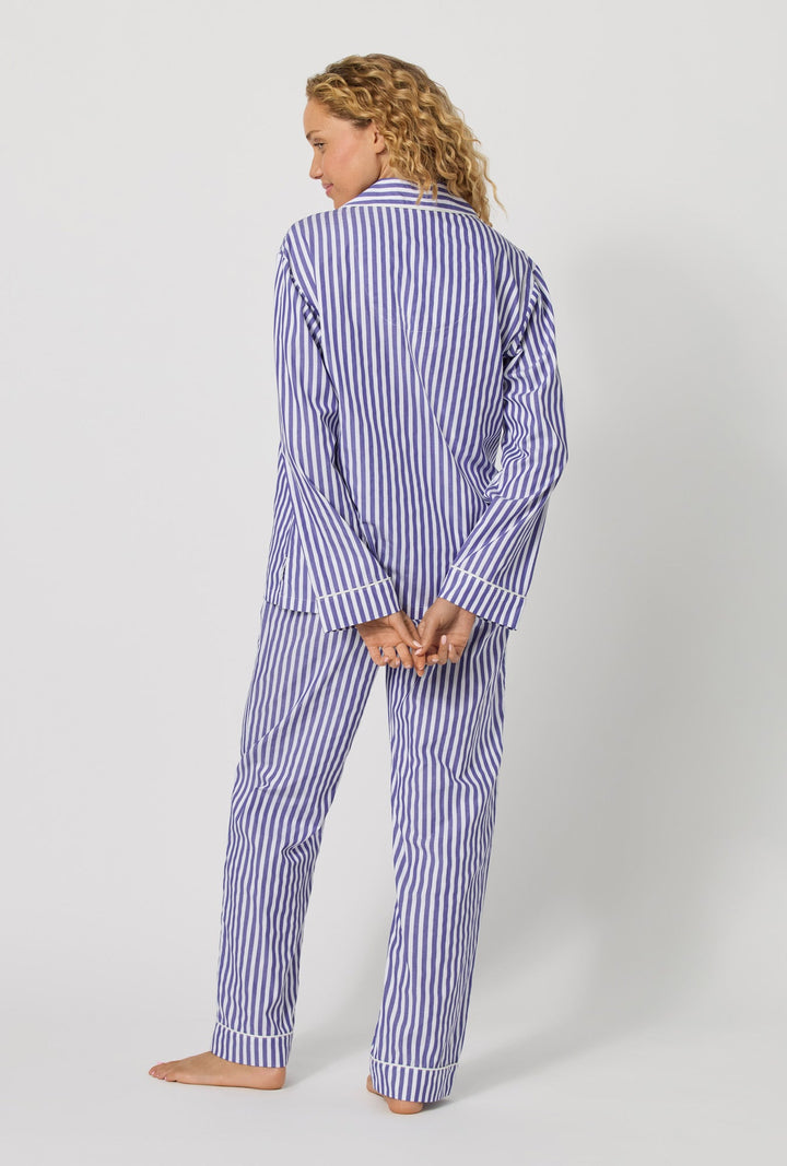 Navy Signature Stripe long sleeve cotton sateen PJ set - detail view