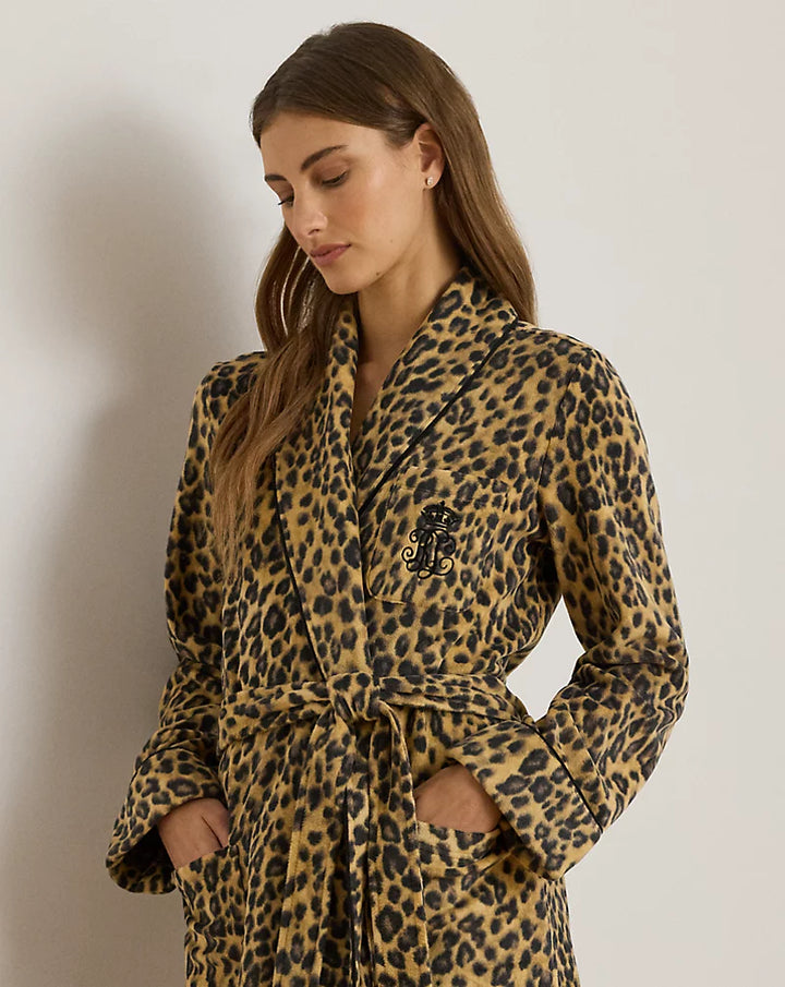 Leopard Fleece Long Shawl-Collar Robe
