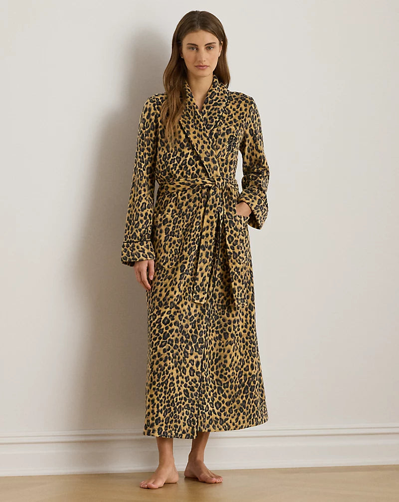 Leopard Fleece Long Shawl-Collar Robe