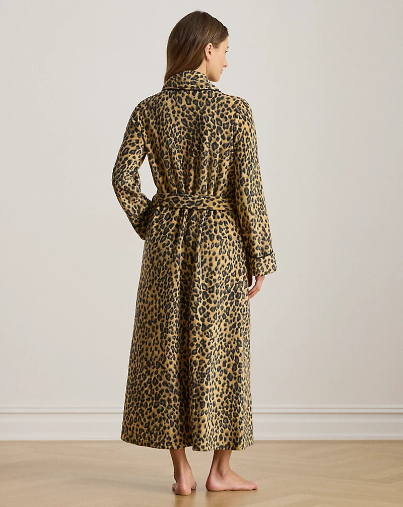 Leopard Fleece Long Shawl-Collar Robe