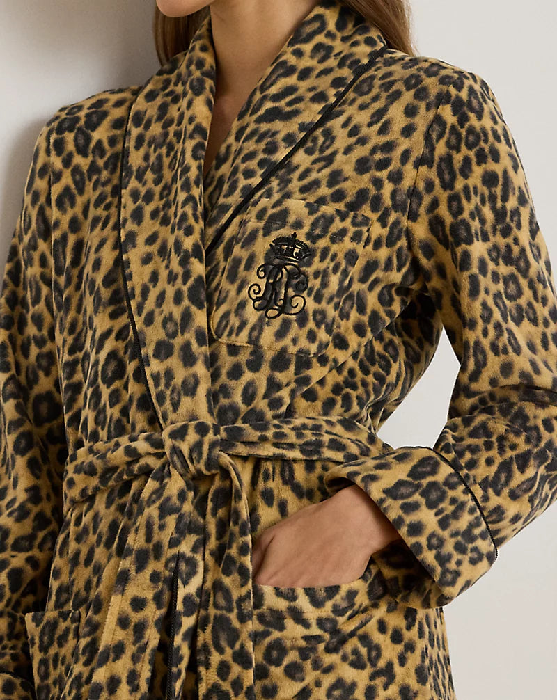 Leopard Fleece Long Shawl-Collar Robe