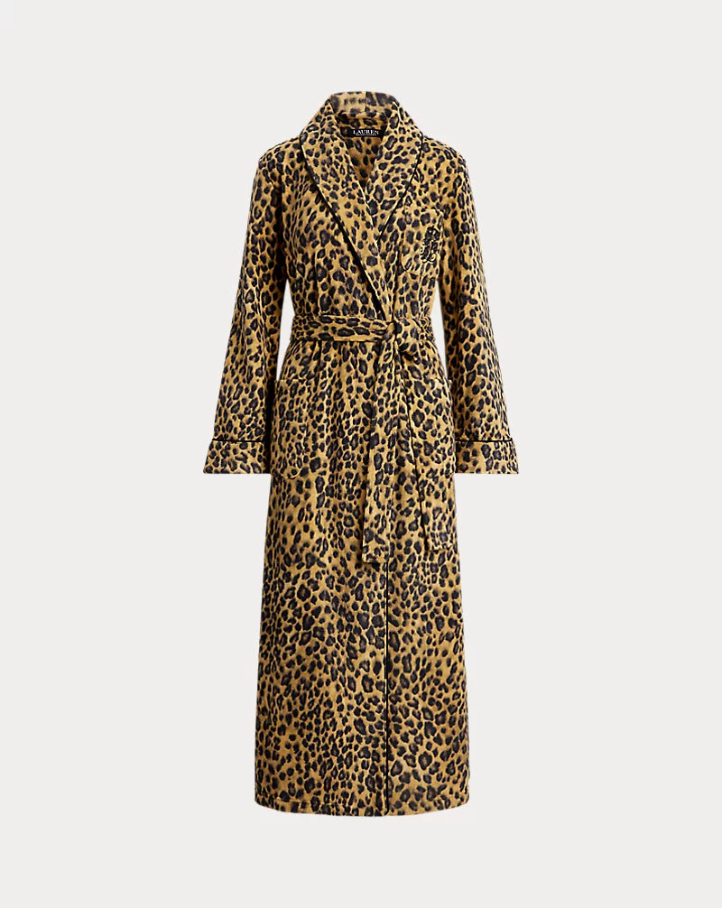 Leopard Fleece Long Shawl-Collar Robe