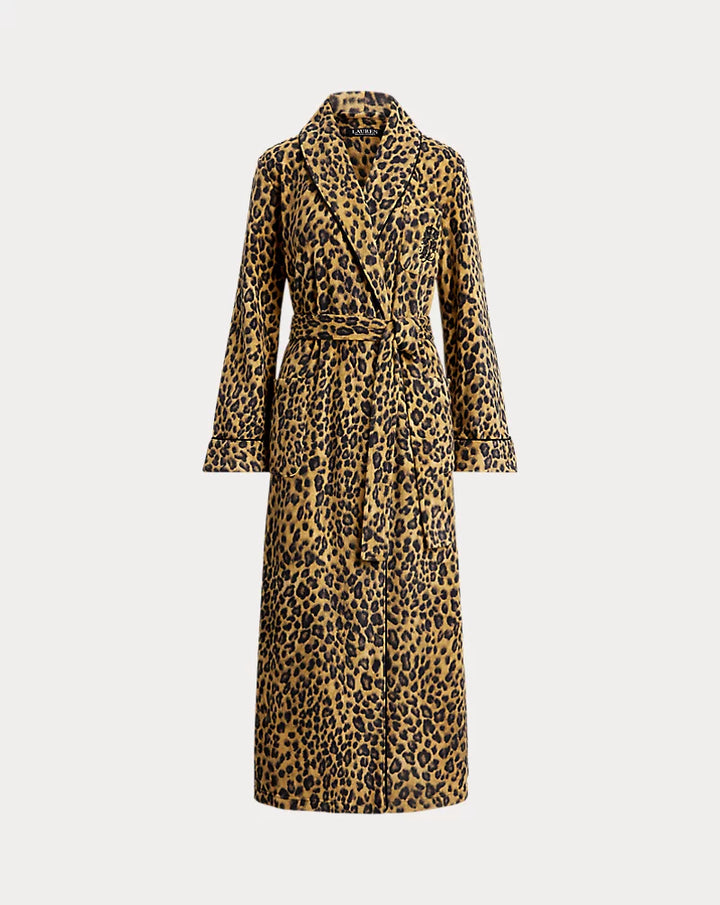 Leopard Fleece Long Shawl-Collar Robe